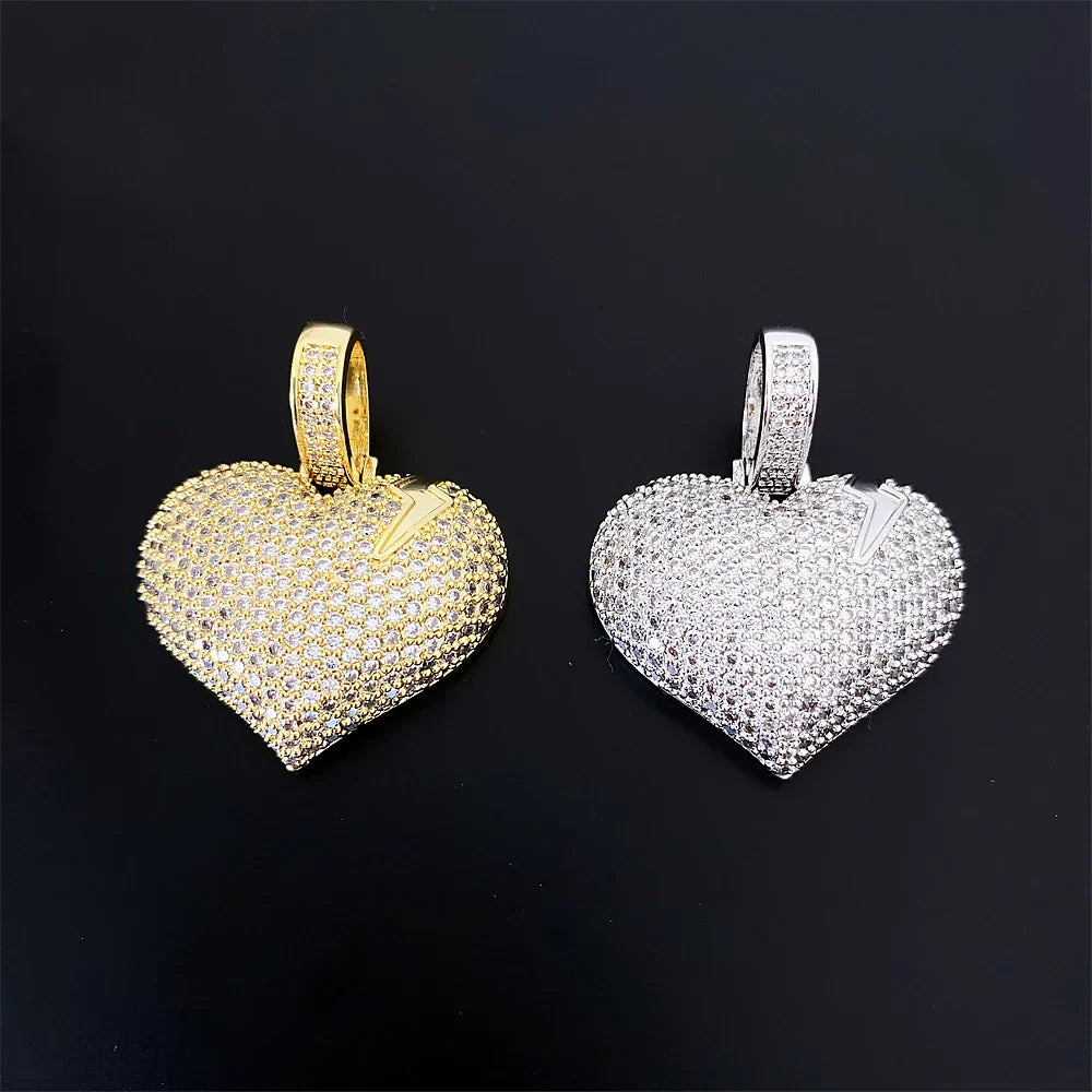 Gold and silver heart-shaped hiphop iced bling zircon heart pendant 14k gold plated with sparkling cubic zirconia stones
