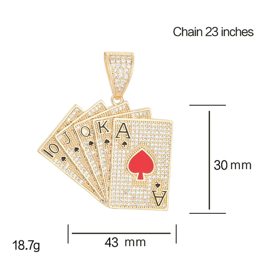 Gold hiphop iced straight flush pendant with pave diamonds and red enamel ace heart for pokeraccessories rock rap jewelry