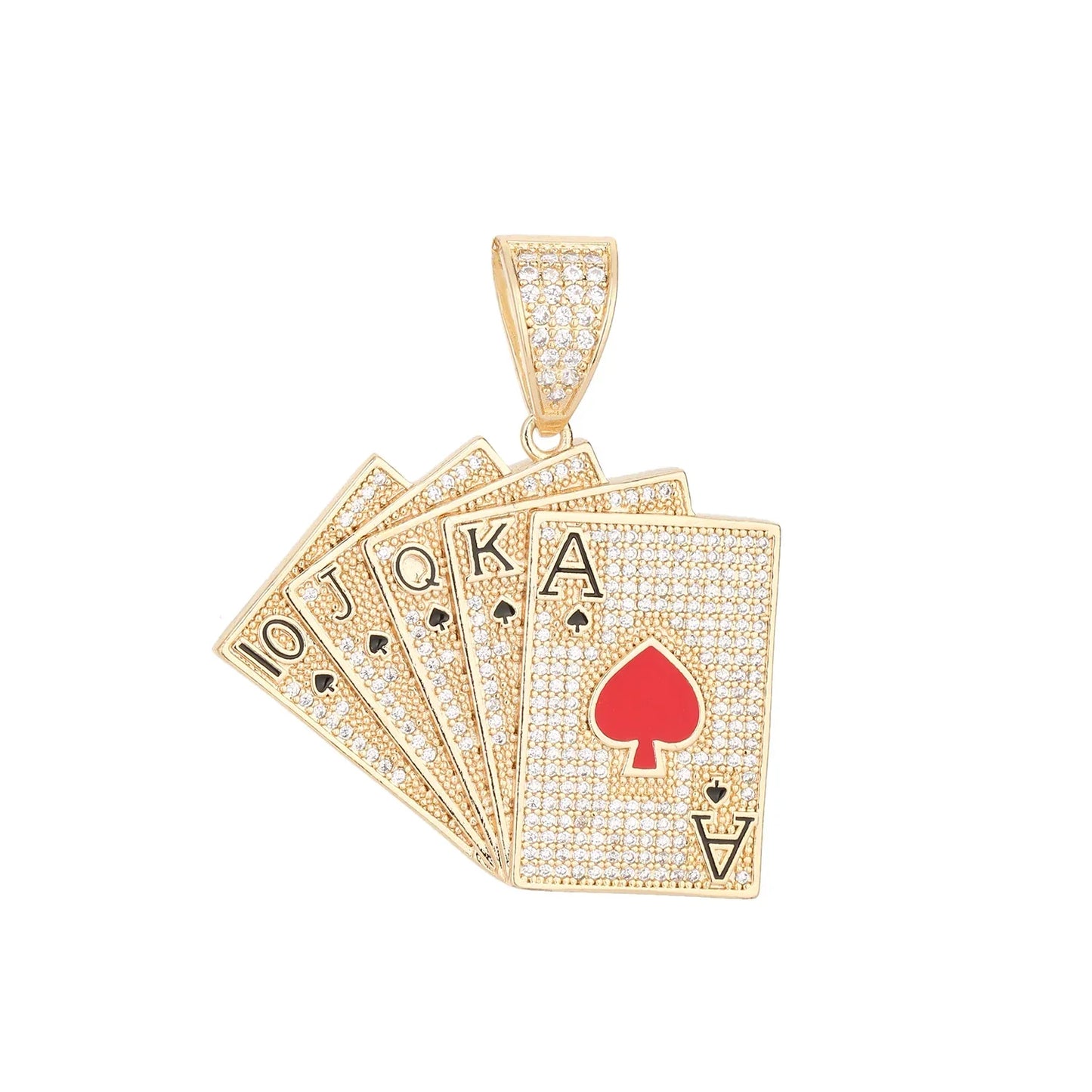 Gold-colored hiphop iced straight flush pendant with five spade cards and clear cubic zirconia stones for pokeraccessories rock rap