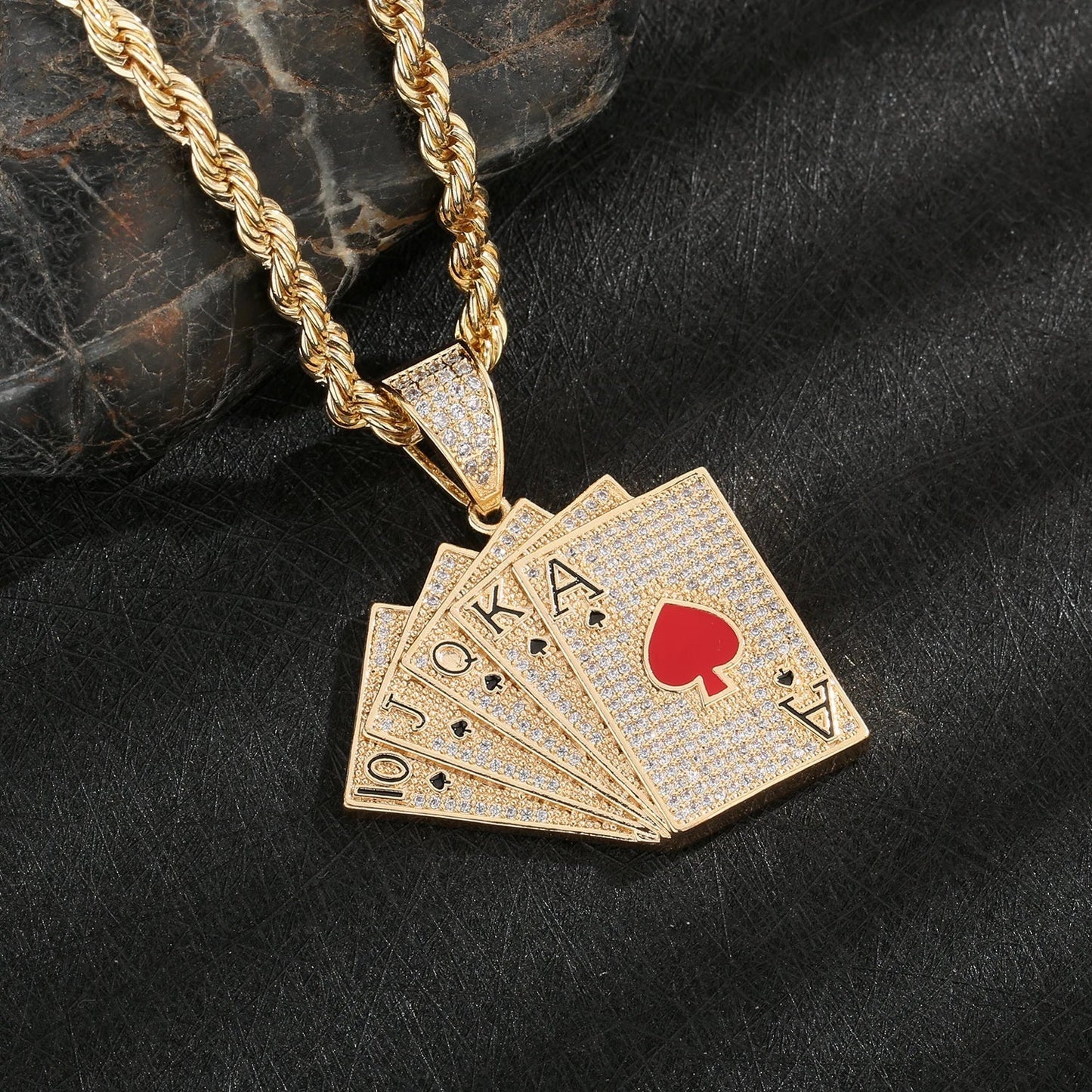 Gold-colored hiphop iced out straight flush pendant necklace with fanned playing cards encrusted in clear stones pokeraccessories rock rap