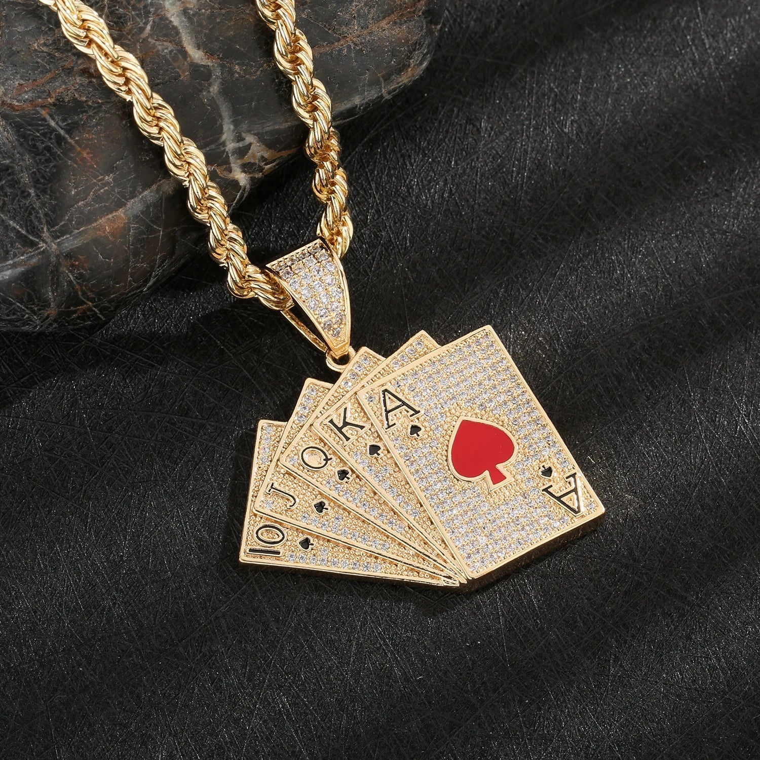 Gold-colored hiphop iced out straight flush pendant necklace with fanned playing cards encrusted in clear stones pokeraccessories rock rap