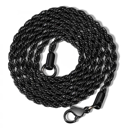 Black twisted rope chain necklace with matte finish and black lobster clasp for hiphop luxury inlaid cz cross pendant