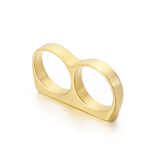 Gold-colored stainless steel hiphop men ring with double finger brass knuckles rings and sleek polished finish