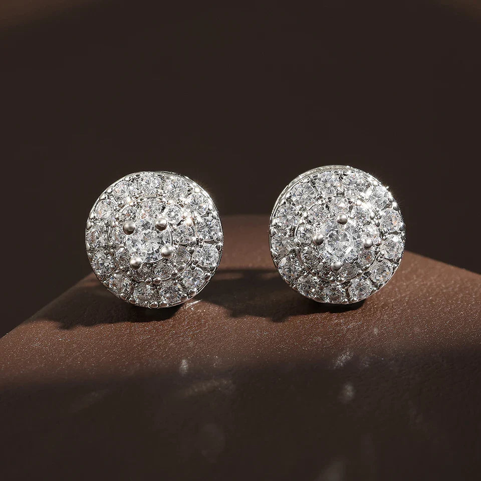 Sparkling hiphop rock round copper zirconia stud earrings with clear crystals on silver metal crystal earring base