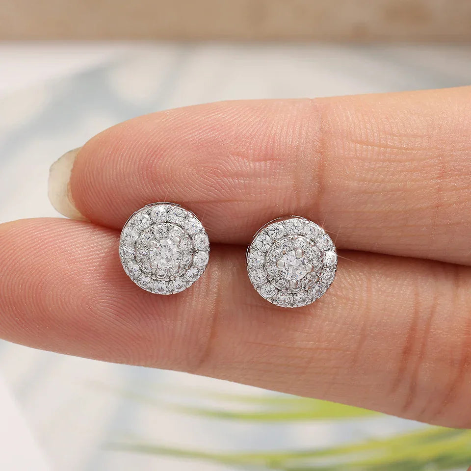 Delicate hiphop rock round copper zirconia stud earrings with clear crystals in silver-toned metal for party wear