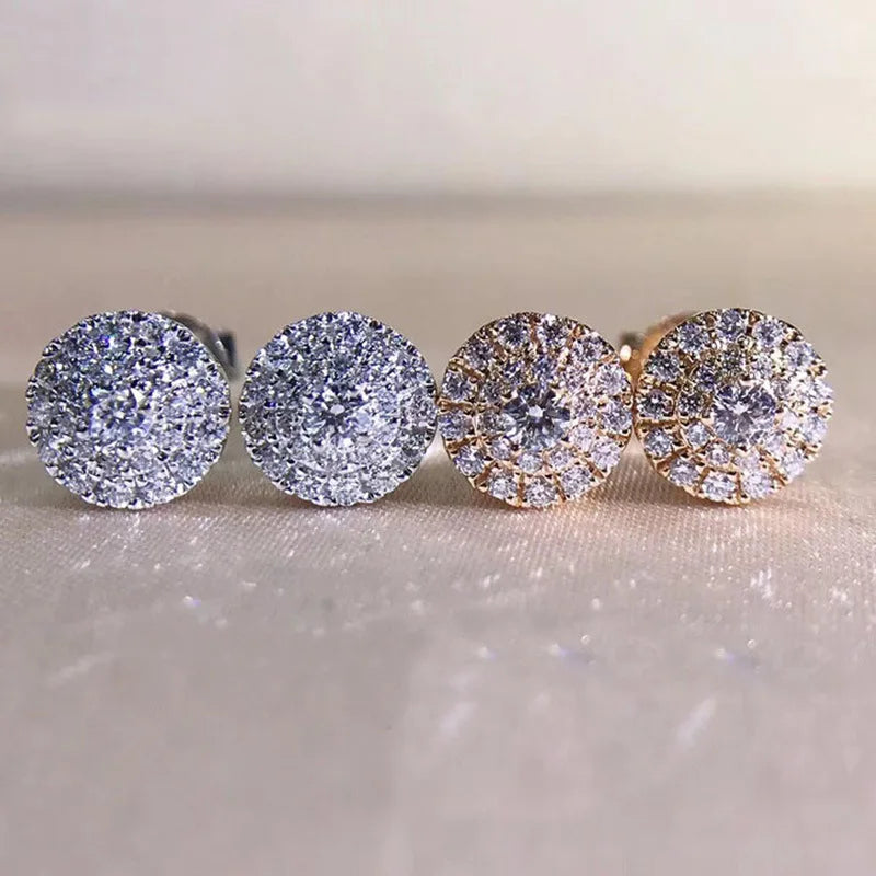 Four round copper zirconia stud earrings in silver and rose gold tones metal crystal earring for hiphop rock style