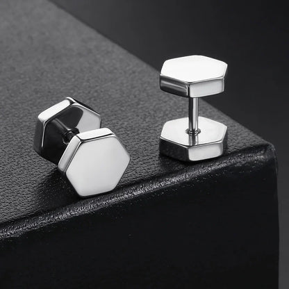 Silver hexagonal geometry stud earrings with polished metal finish in hiphop simple style for men and women