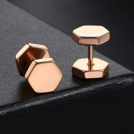 Rose gold hexagonal geometry stud earrings with a sleek polished finish for hiphop simple style triangle square earrings