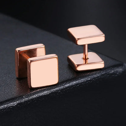 Rose gold square cufflinks with sleek polished finish and minimalist design matching hiphop simple style geometry stud earrings