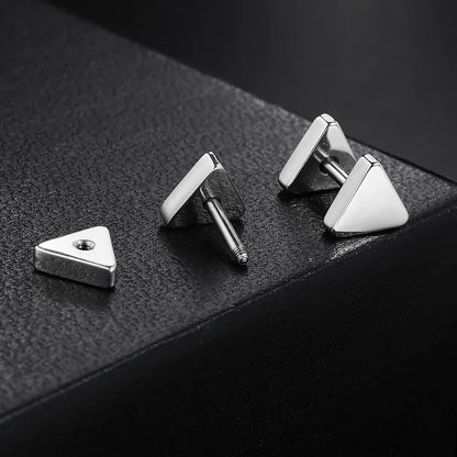 Silver triangle square earrings with polished metallic finish in hiphop simple style geometry stud earrings design