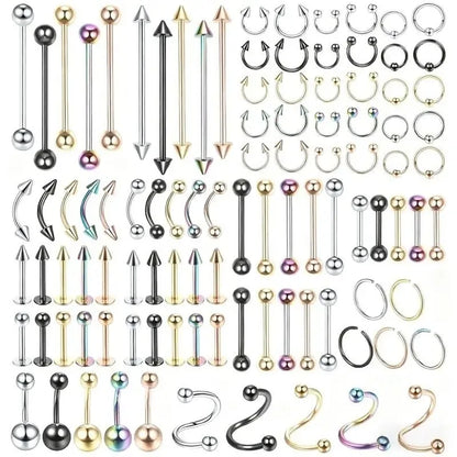 A hiphop stainless steel nose ring septum hoop and horseshoe body jewelry set in silver gold black and iridescent colors