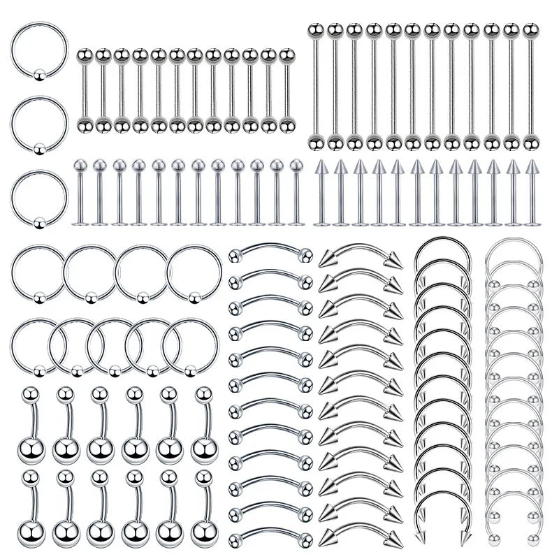 A set of hiphop stainless steel nose ring septum and horseshoe body jewelry pieces including rings and studs