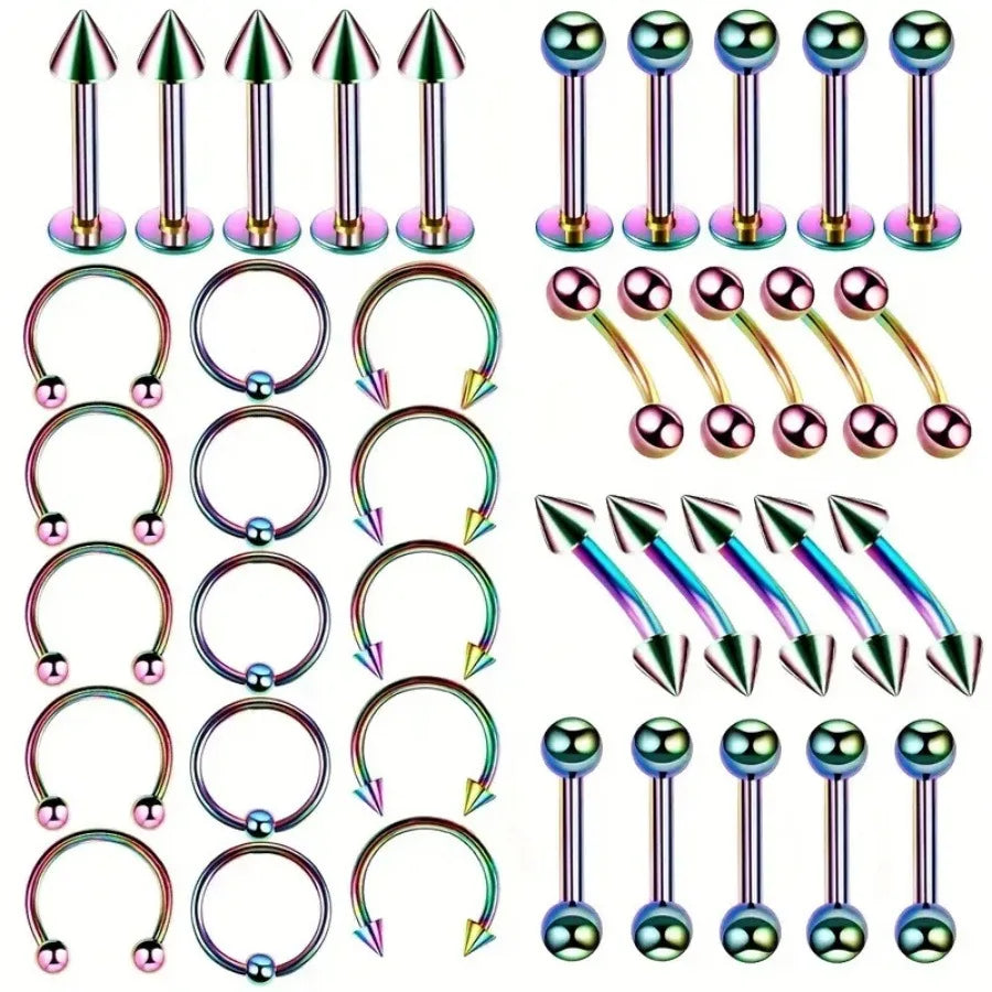 Rainbow-colored hiphop stainless steel nose ring septum horseshoe body jewelry set with straight bars hoops and spikes