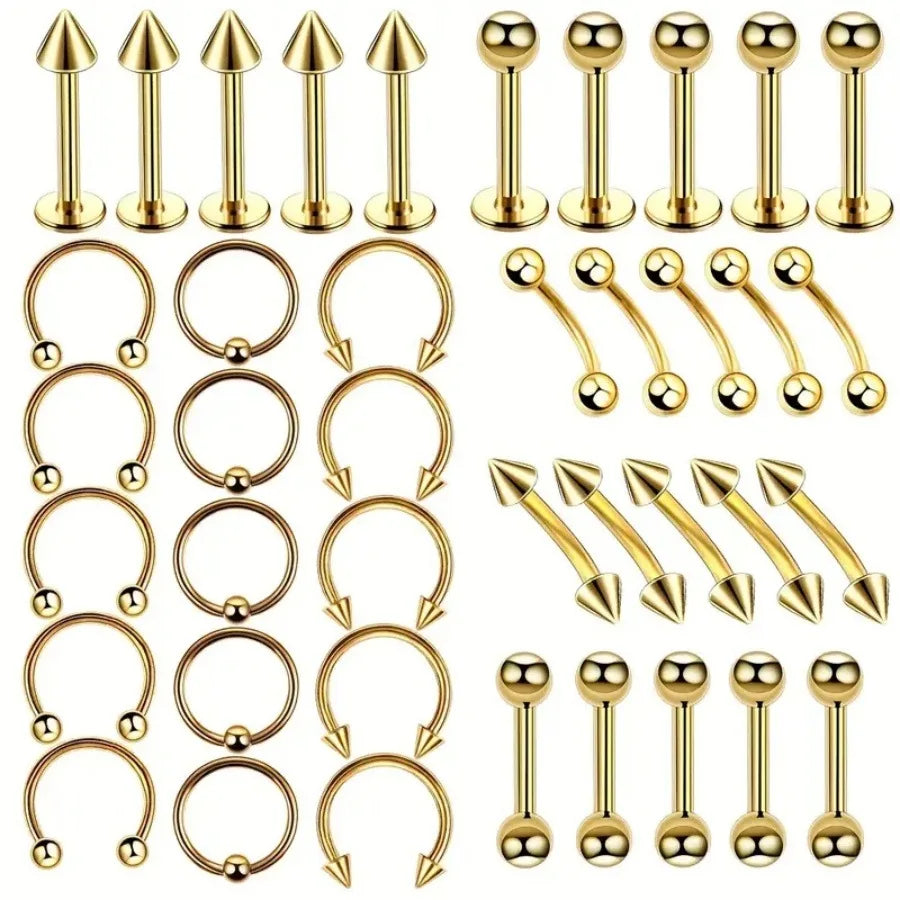 Gold-colored hiphop stainless steel nose ring septum and horseshoe body jewelry set with various piercing styles