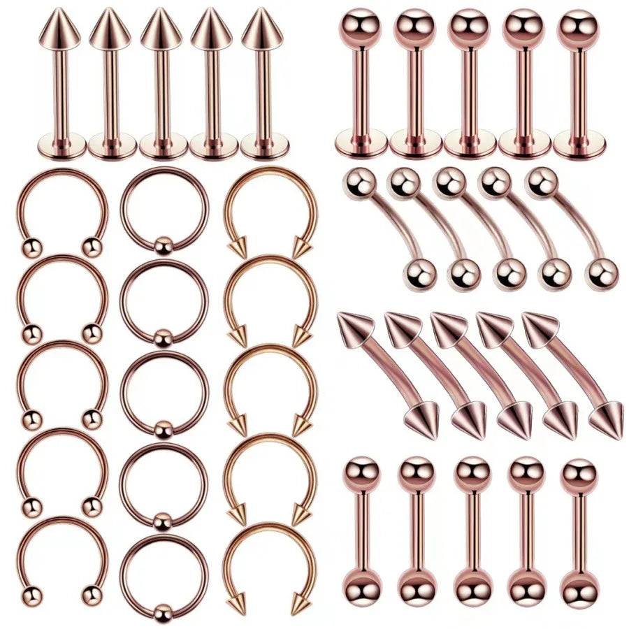 Rose gold hiphop stainless steel nose ring septum horseshoe body jewelry set with straight bars curved barbells and hoops
