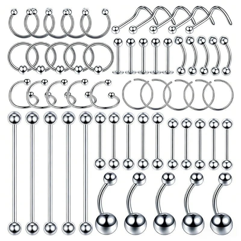 A collection of shiny silver hiphop stainless steel nose ring septum and horseshoe body jewelry pieces arranged neatly