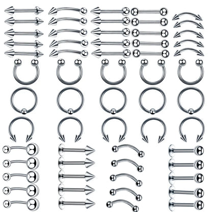 Set of hiphop stainless steel nose ring septum hoop and horseshoe body jewelry in various shapes and sizes
