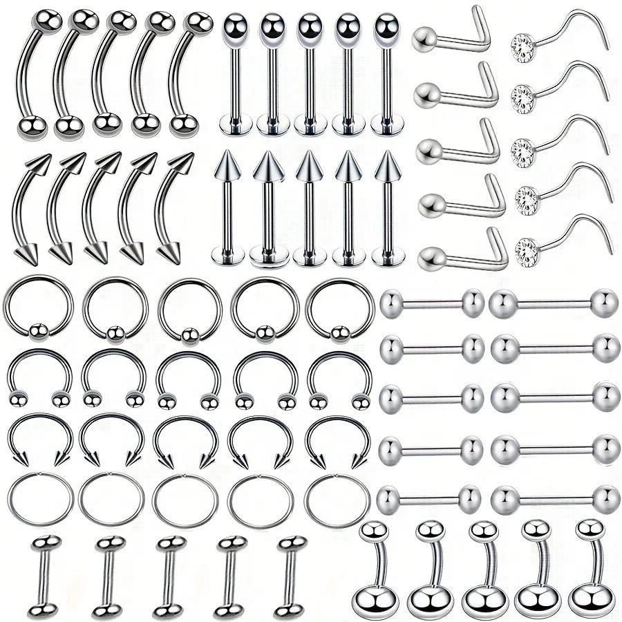 A hiphop stainless steel body jewelry set with nose ring septum hoops and horseshoe pieces in silver tone