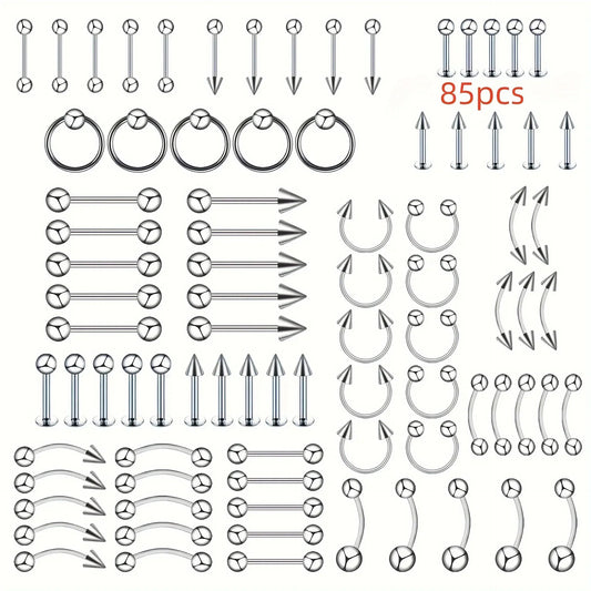 85-piece hiphop stainless steel nose ring septum horseshoe body jewelry set featuring barbells rings and curved designs