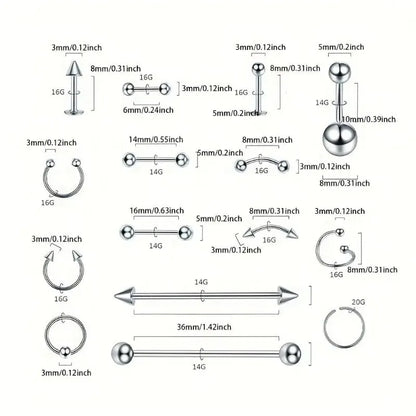 Set of hiphop stainless steel nose ring septum and horseshoe body jewelry in various shapes and sizes for men and women