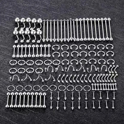 A collection of silver-colored hiphop stainless steel nose ring septum and horseshoe body jewelry pieces for men and women