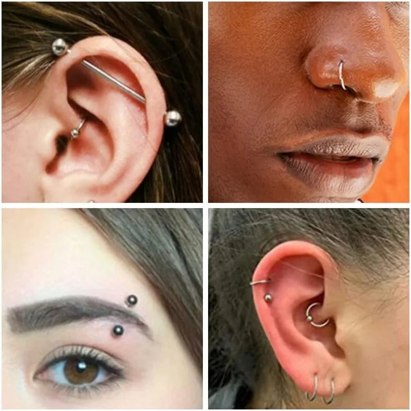 Silver industrial ear gauge with spherical ends and straight barbell design for hiphop stainless steel nose ring septum horseshoe body jewelry