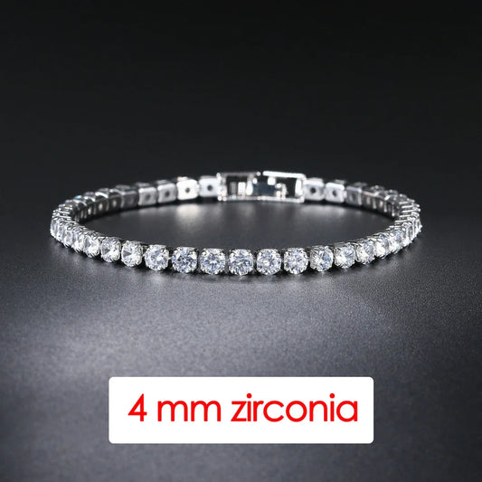 A sleek silver hiphop tennis bracelet for men with evenly spaced 4mm cubic zirconia stones sparkling