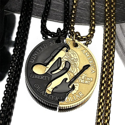 Black and gold stainless steel quarter dollar music couple necklace with a split matte black enamel and polished gold finish