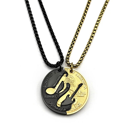 Black and gold stainless steel quarter dollar music couple necklace with electric guitar design for men and women gifts