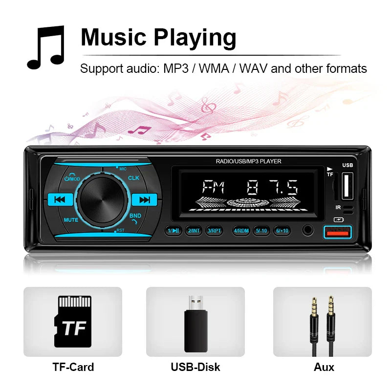 Black hippcron car radio 1din stereo player digital bluetooth with fm 87.5 display usb tf card aux inputs for music playback