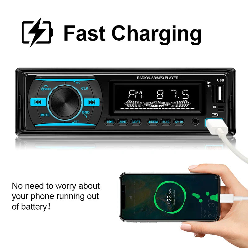 Black hippcron car radio 1din stereo player digital bluetooth with blue illuminated buttons and fm 87.5 display