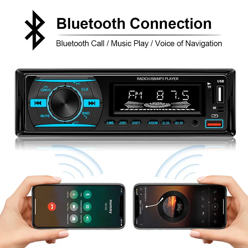 Black hippcron car radio 1din stereo player digital bluetooth with blue illuminated controls and fm 87.5 display