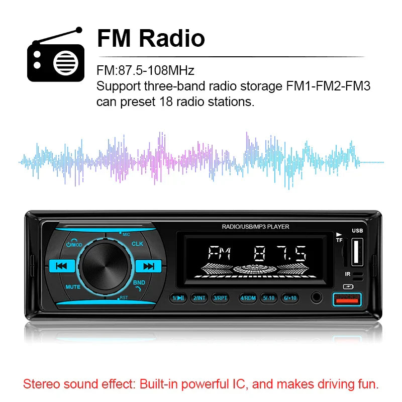 Black hippcron car radio 1din stereo player digital bluetooth with blue illuminated buttons and usb tf slots displaying fm 87.5