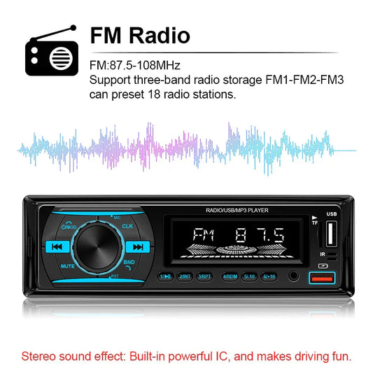 Black hippcron car radio 1din stereo player digital bluetooth with blue illuminated buttons and usb tf slots displaying fm 87.5