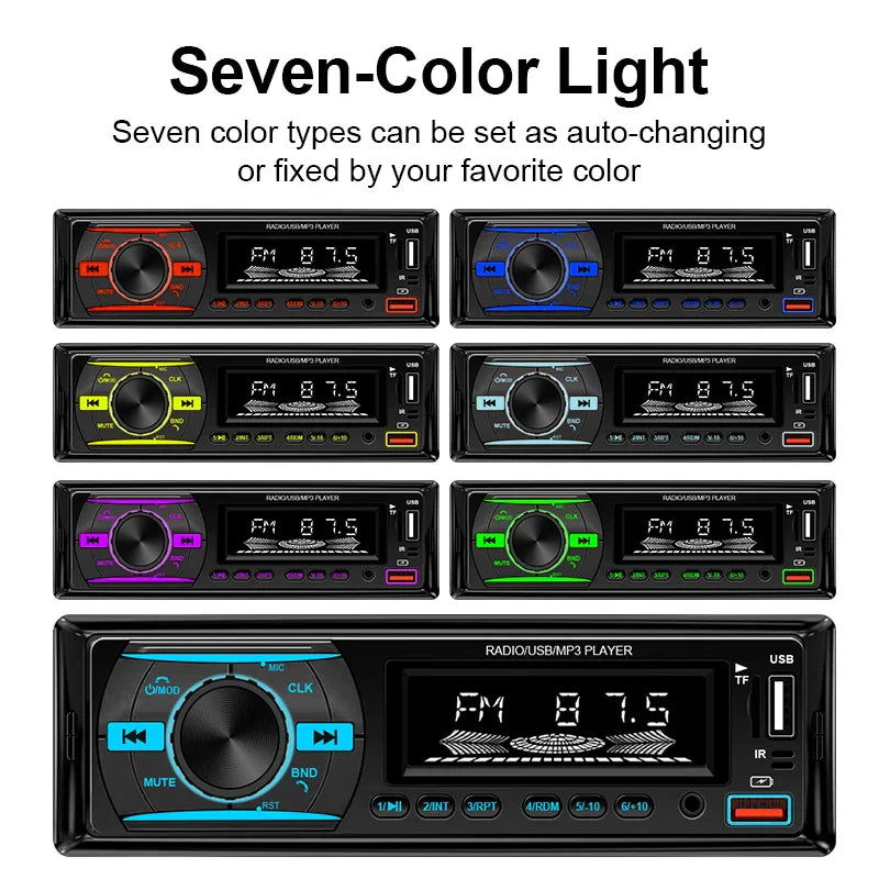 Black hippcron car radio 1din stereo player digital bluetooth with seven-color led and fm 87.5 display