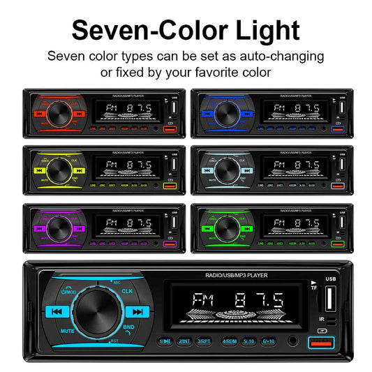 Black hippcron car radio 1din stereo with seven-color led lighting and digital display showing fm 87.5 player digital bluetooth