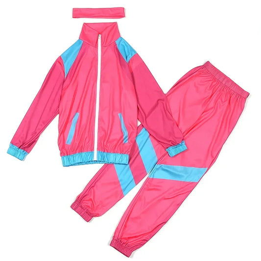 Vibrant pink and cyan retro track suit set with matching headband for hippie fantasia 80s disco party cosplay and carnival vintage rock