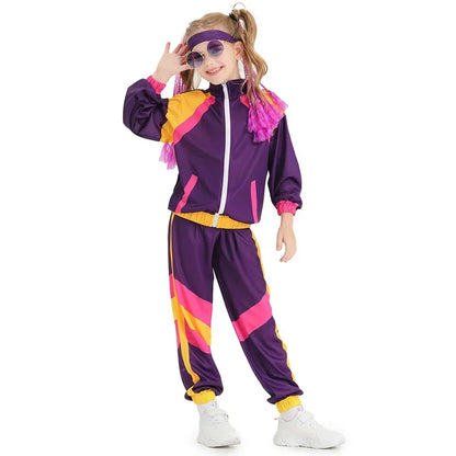 Purple and pink neon-striped athletic tracksuit with yellow accents in shiny synthetic fabric for hippie fantasia 80s disco party cosplay