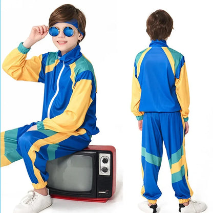 Blue and yellow striped tracksuit with teal accents high collar and elastic cuffs for hippie fantasia 80s disco party cosplay