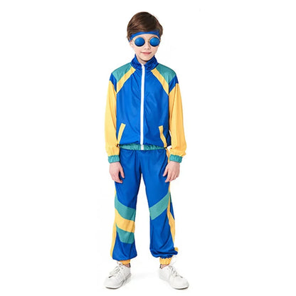 Vibrant blue yellow and teal retro tracksuit with bold geometric panels for hippie fantasia 80s disco party cosplay