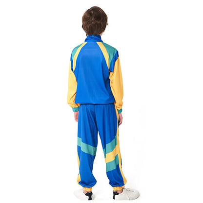 Vibrant blue yellow and teal color-blocked track suit with elastic cuffs for hippie fantasia 80s disco party cosplay