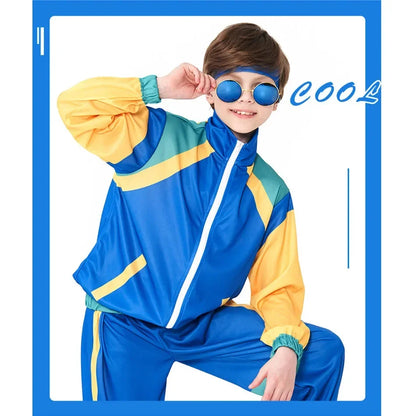 Vibrant blue and yellow nylon track suit with teal accents for hippie fantasia 80s disco party cosplay carnival vintage rock