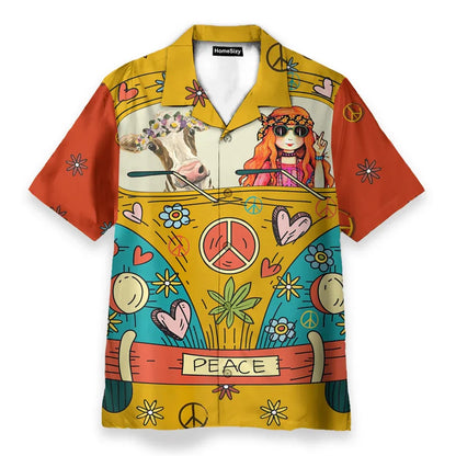 Vibrant yellow and orange hawaiian shirt with psychedelic mushroom personality design for hippie logo theme streetwear