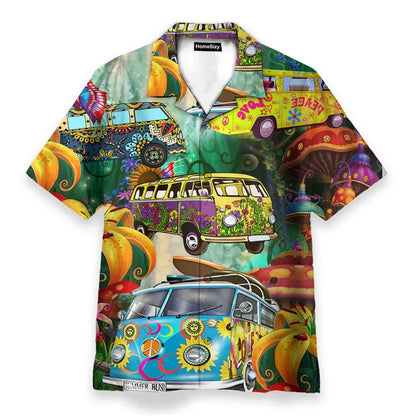 Vibrant short-sleeved hawaiian shirt with psychedelic volkswagen bus and floral patterns for personality streetwear button use