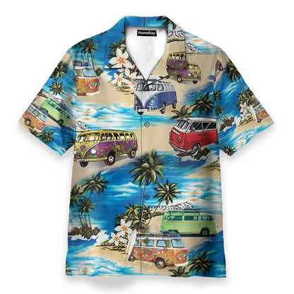 A vibrant short-sleeved hawaiian shirt with colorful vintage volkswagen vans print for personality streetwear button style