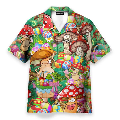 Vibrant short-sleeved hawaiian shirt with a psychedelic mushroom personality design for hippie logo theme streetwear