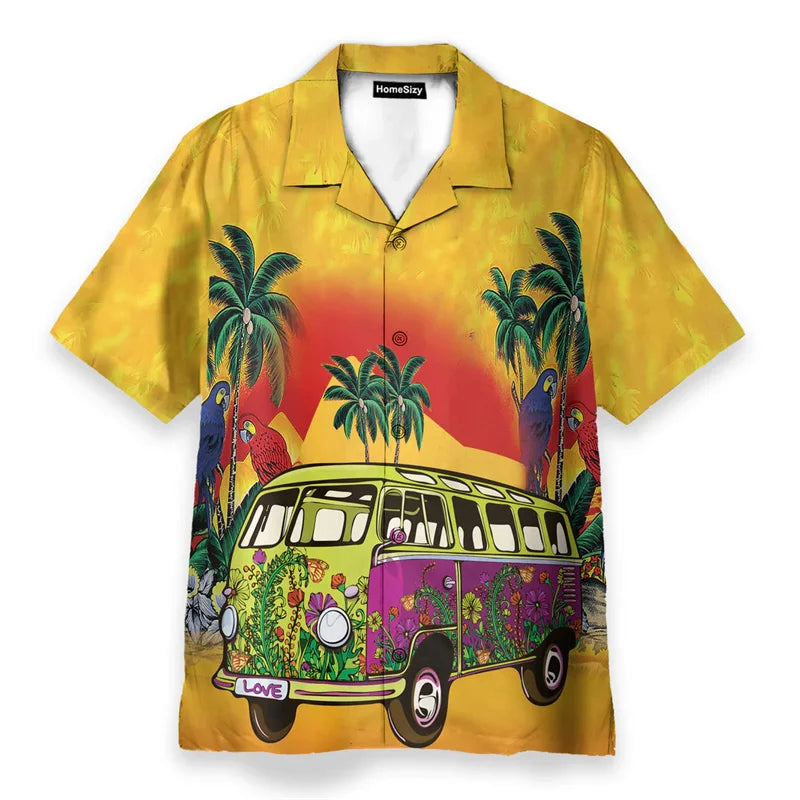 Vibrant yellow hawaiian hippie logo theme shirt with psychedelic mushroom personality van print for personality streetwear button style