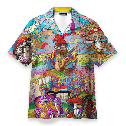 Vibrant psychedelic mushroom personality streetwear button shirt with hippie logo theme featuring colorful gnome pattern