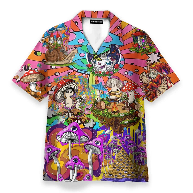 Vibrant psychedelic hawaiian shirt with hippie logo theme featuring psychedelic mushroom personality in bold hues for streetwear