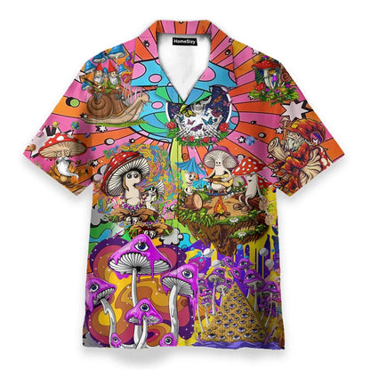 Vibrant psychedelic hawaiian shirt with hippie logo theme featuring psychedelic mushroom personality in bold hues for streetwear